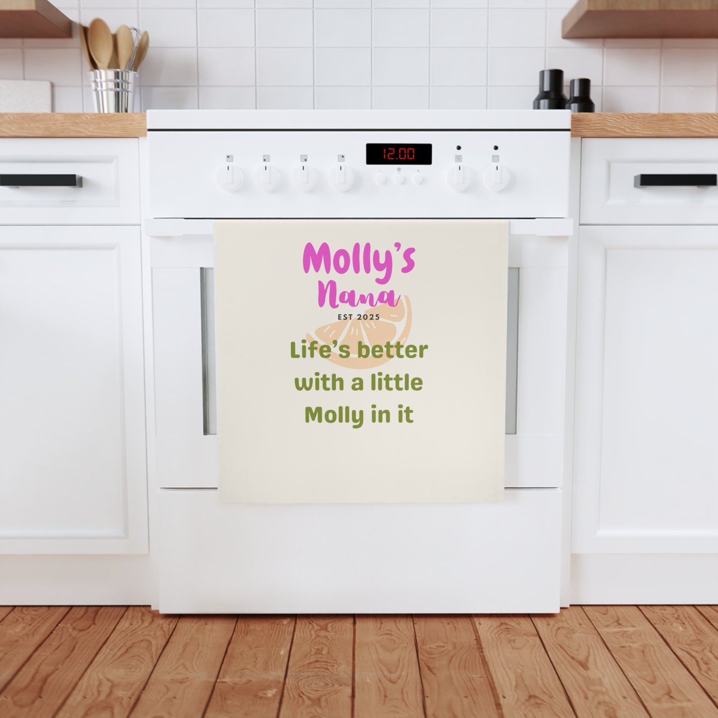 Personalized Cotton Tea Towel for Grandmas - "Life's Better with a Little Molly in It"