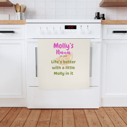 Personalized Cotton Tea Towel for Grandmas - "Life's Better with a Little Molly in It"